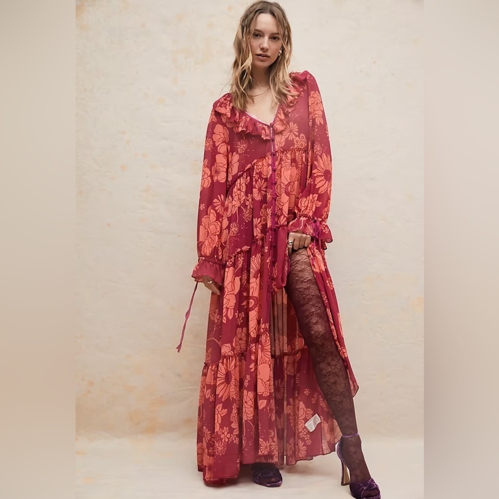 Free People Valeria Floral Button Front Sheer Maxi Dress Size XS NWT